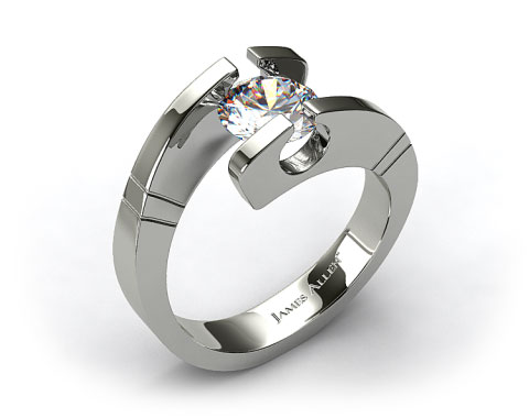 14k White Gold Pointed and Etched Tension Set Engagement Ring